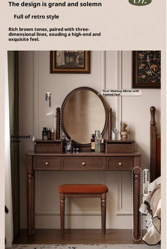 Black Walnut, Tulipwood Solid Wood Retro Style Dressing Table With Built-In Mirror