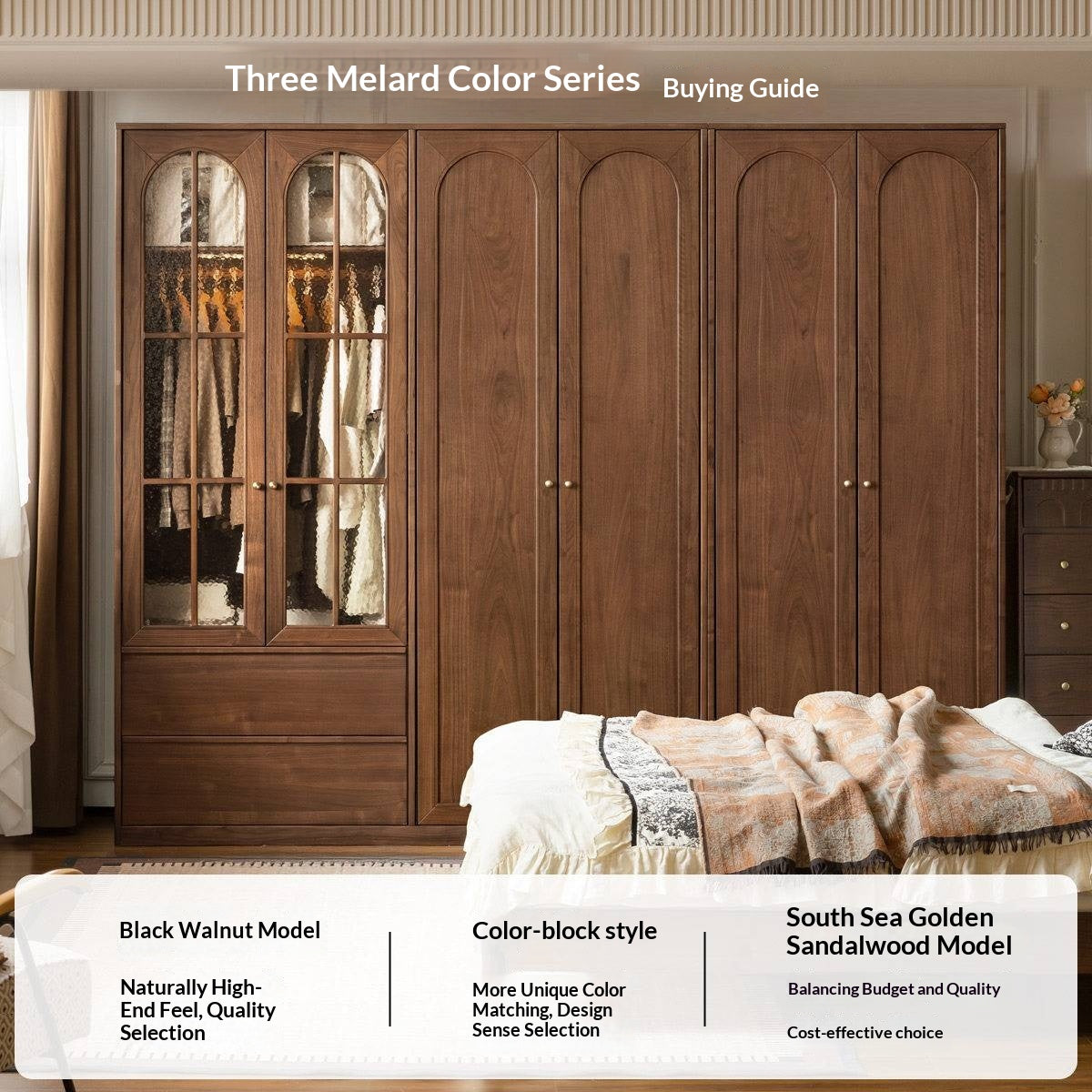 Black Walnut Solid Wood Wardrobe with French Retro Style and Double Doors