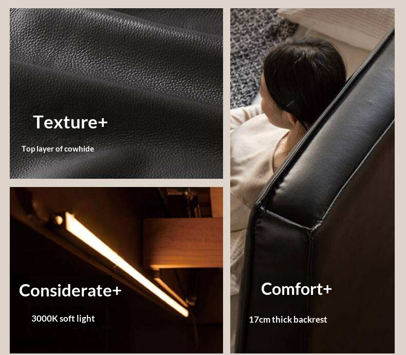 Black Walnut Solid Wood Box Bed — Italian Light Luxury, Genuine Leather Upholstered Headboard