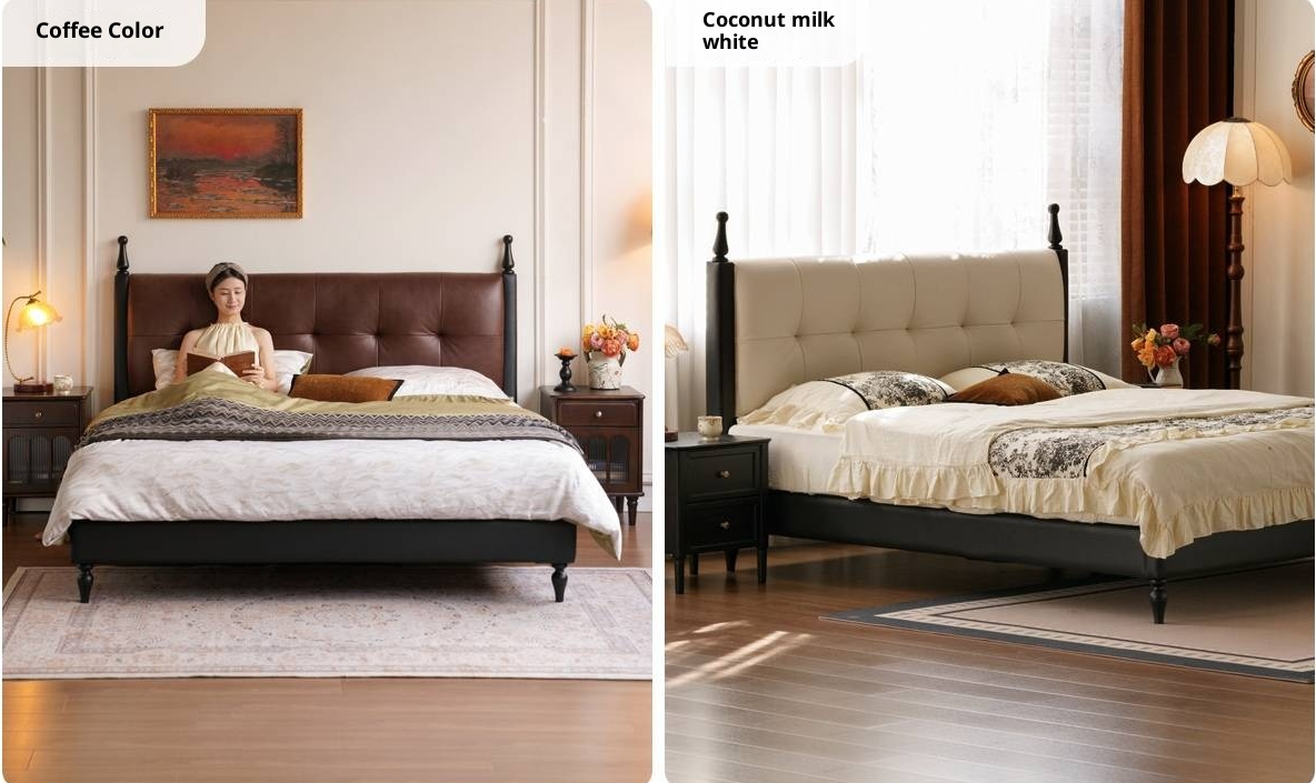 Luxury Genuine Leather Soft Backrest Bed, American Retro Style