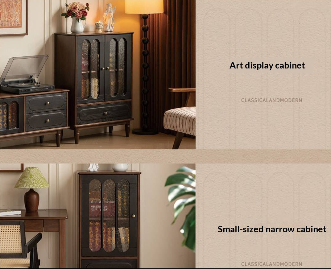 Black Walnut Solid Wood Vintage Curio Cabinet with Rippled Glass Doors and Brass Hardware