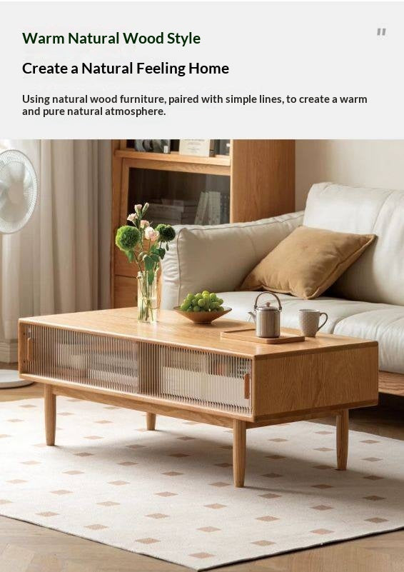 Oak, Beech, Solid Rubberwood Glass Doors Coffee Table