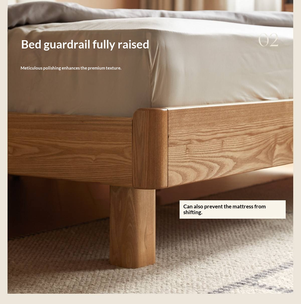 Ash Solid Wood Bed with Genuine Leather Upholstered Headboard