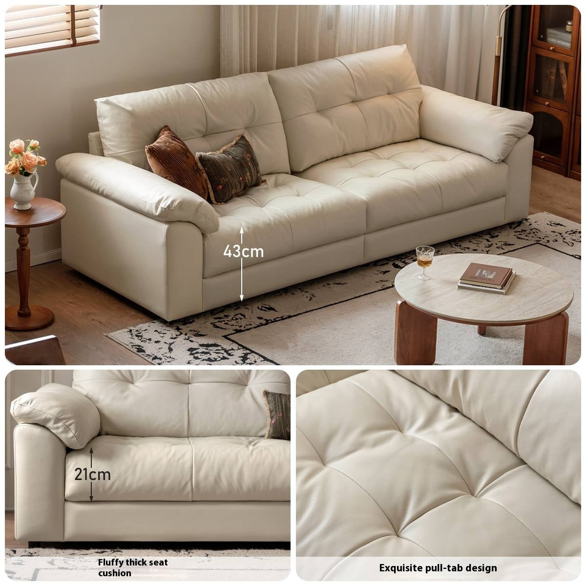 Genuine Top Grain Leather Sofa French Style “Cloud” Sofa