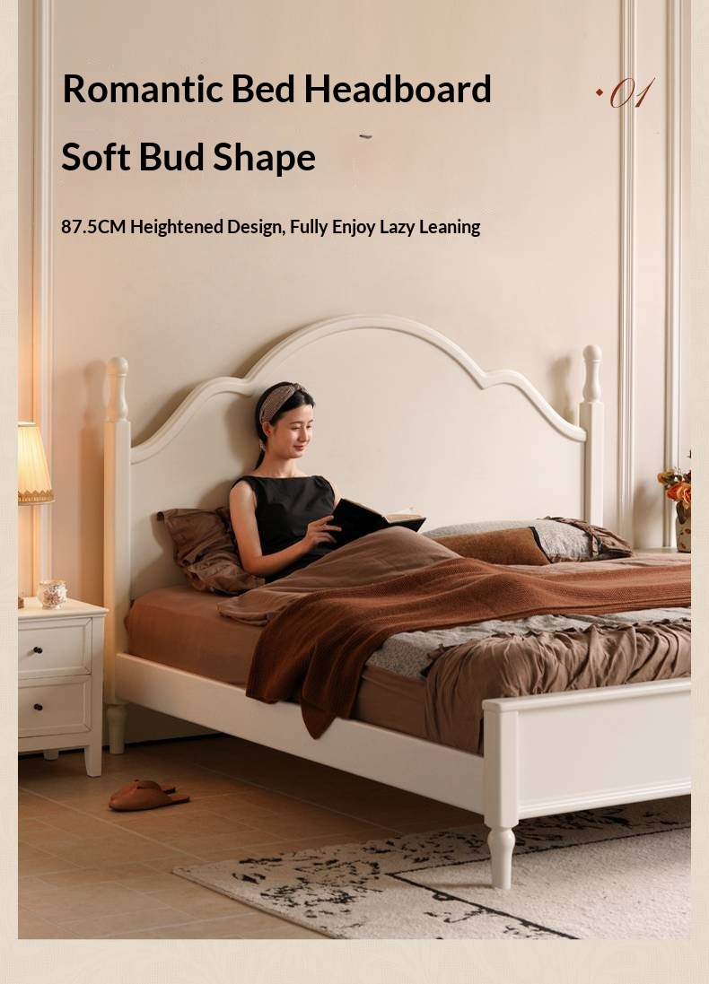 Rubberwood Solid Wood Bed American Retro Cream Style