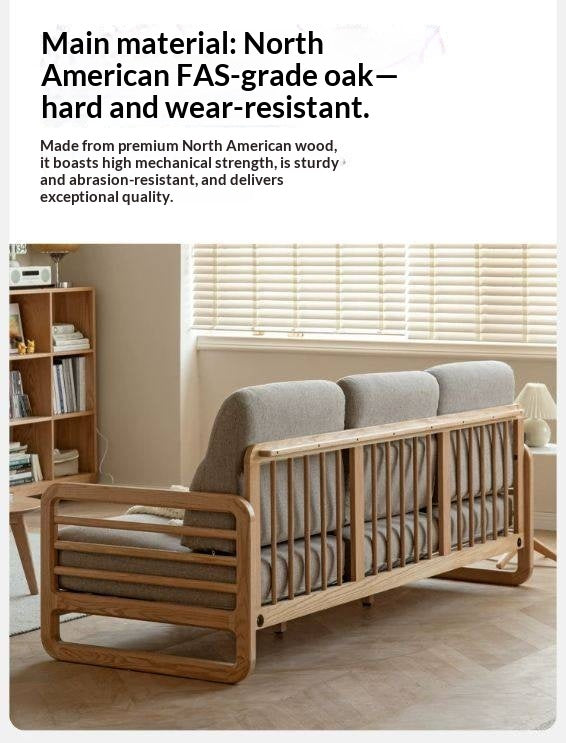 Oak solid Wood Floor-Standing Fabric Sofa with Wood Armrests