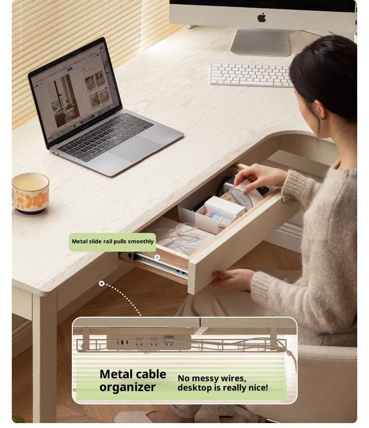 Oak Solid Wood Modern Cream Style Desk and Bookshelf Integrated