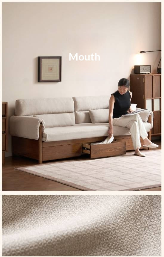 Oak Solid Wood Pull-Out Sleeper Sofa with Under-Seat Storage Drawers