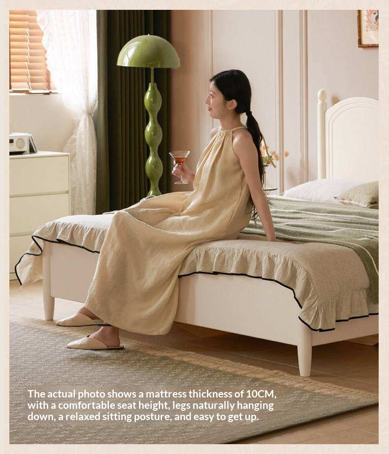 Rubberwood Solid Wood Bed with White Cream Style Large Box Frame