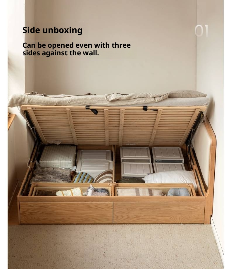 Oak Solid Wood Genuine Leather,  Eco-leather Box Bed