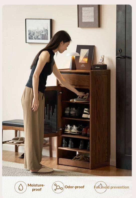 Oak Solid Wood Narrow Shoe Storage Cabinet with Flip-Top Compartment and Perforated Metal Door