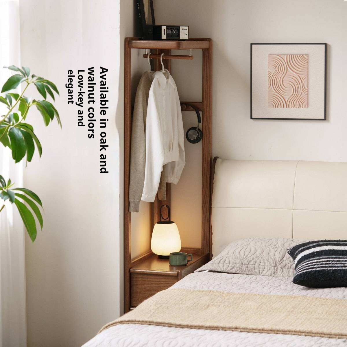 Oak Solid Wood Corner Valet Stand with Garment Rail and Storage Drawers