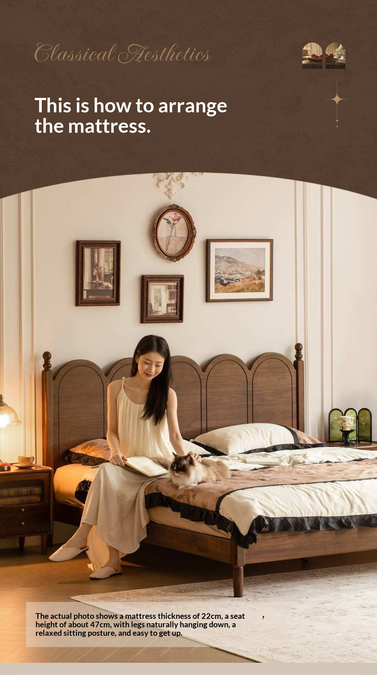 Black Walnut Solid Wood French Country Arched Platform Bed with Turned Posts