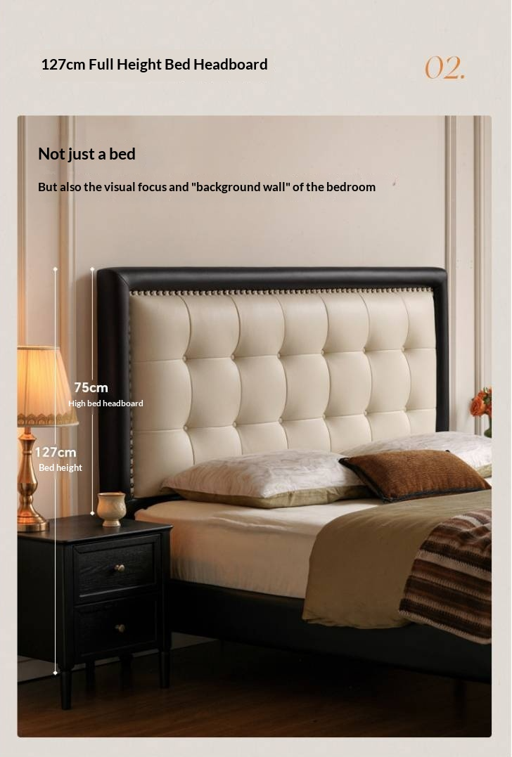 Luxury Genuine Leather Soft Headboard Bed, American Style Riveted Bed