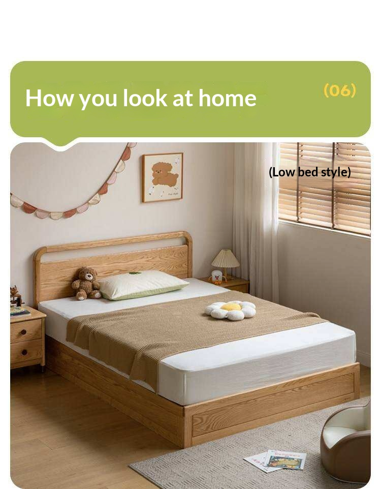 Oak, Rubberwood Solid Wood Storage Bed with Adjustable Height and Gas Lift