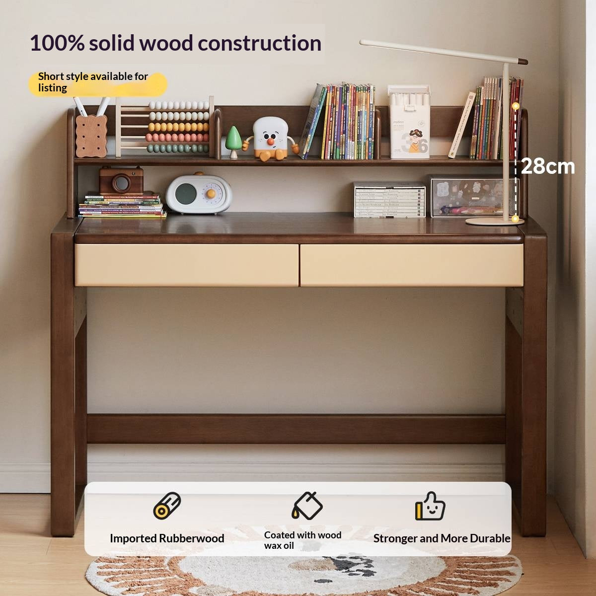 Solid Rubberwood Children's Desk With Bookshelf