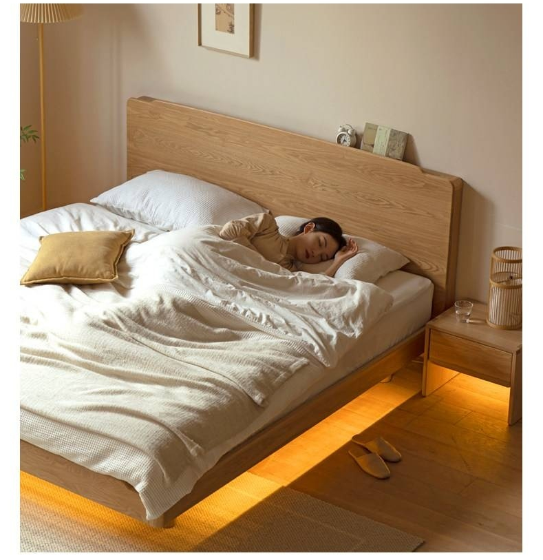 Ash Solid Wood Floating Bed — Large Slab, Simple Modern Design