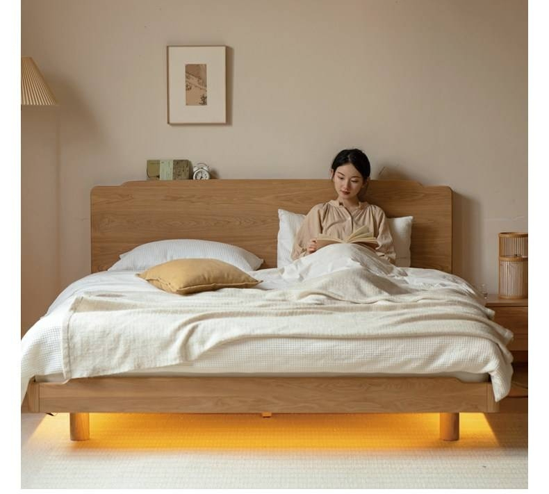 Ash Solid Wood Floating Bed — Large Slab, Simple Modern Design