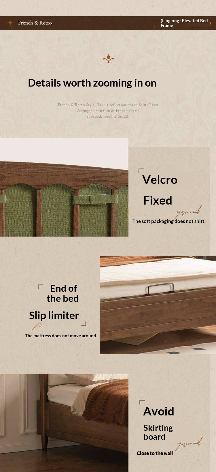 Black Walnut Solid Wood Four Poster Storage Bed with Tufted Headboard and Gas Lift