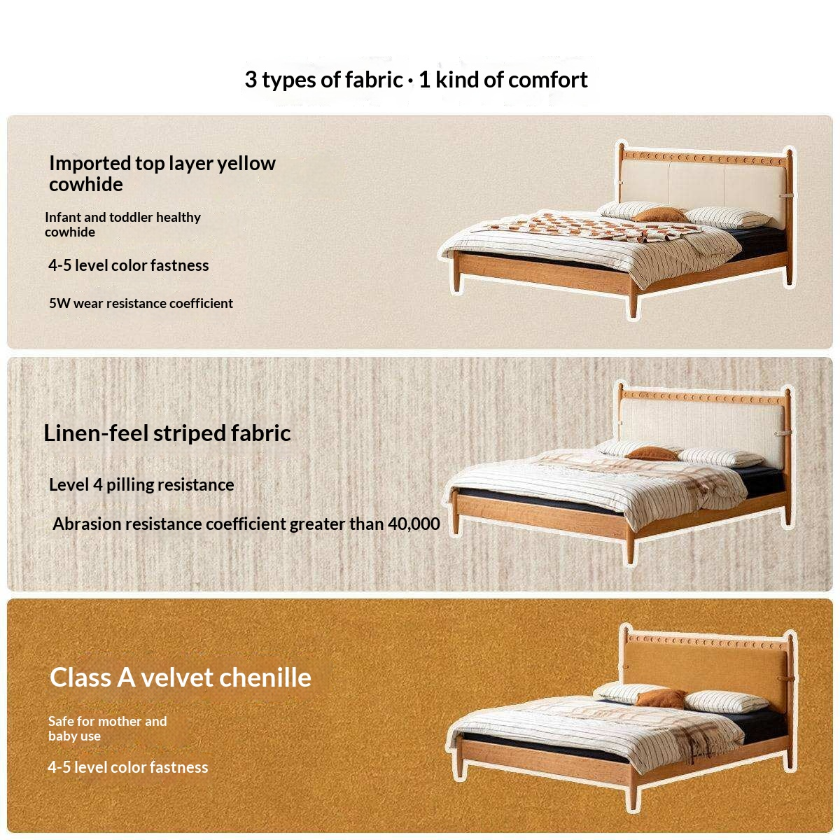 Cherry Solid Wood Double Bed with Vintage Style and Leather Upholstered Headboard