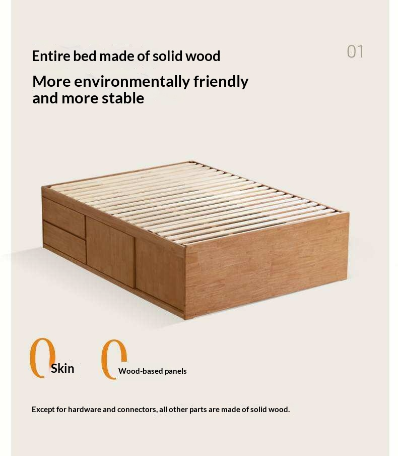 Rubberwood Solid Wood Low Platform Storage Bed with Side Drawers