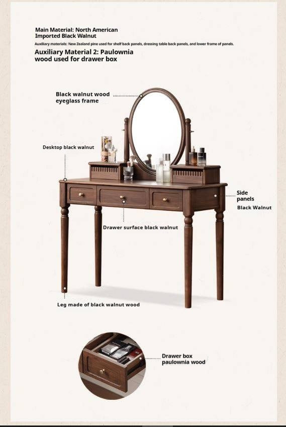 Black Walnut, Tulipwood Solid Wood Retro Style Dressing Table With Built-In Mirror