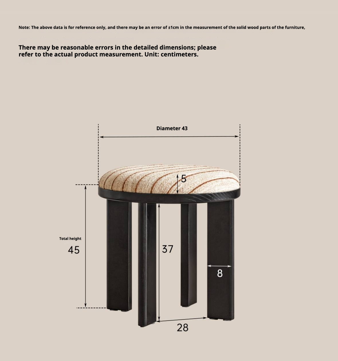 Ash Solid Wood Round Upholstered Stool with Slab Wood Legs