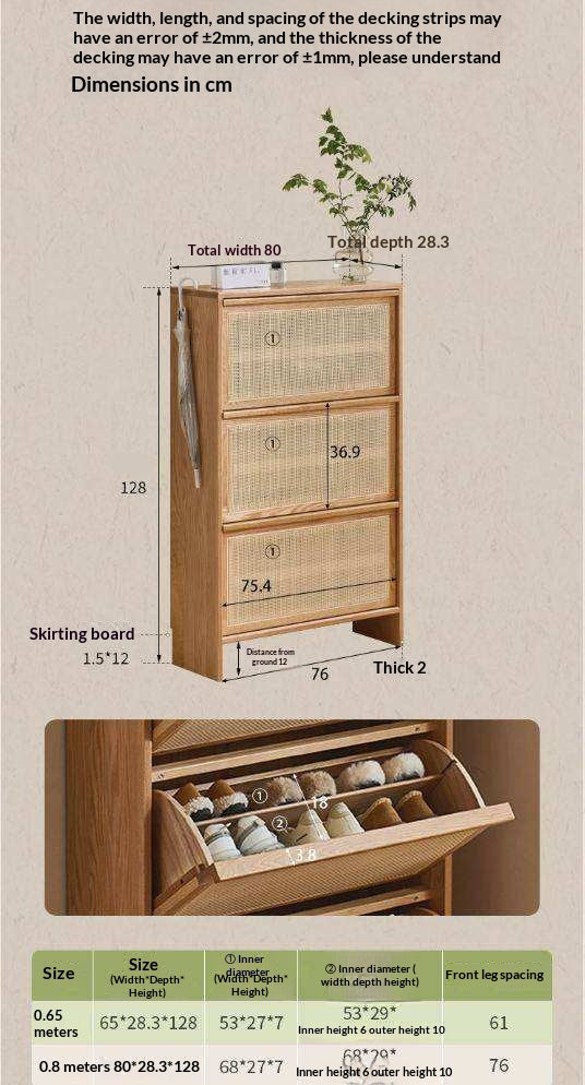 Oak Solid Wood Shoe Cabinet with Modern Minimalist Flip Door, Rattan Accents