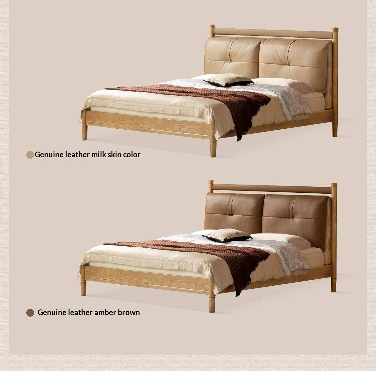 Ash Solid Wood Bed with Plush Genuine Leather Cushioned Headboard