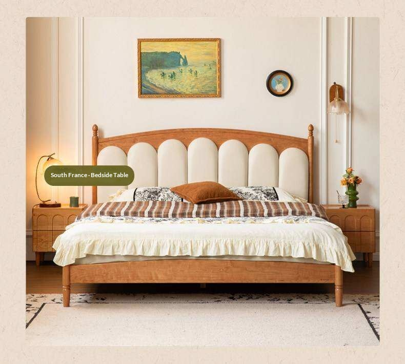 Cherry Solid Wood Genuine Leather, Velvet French-Inspired Scalloped Headboard Bed