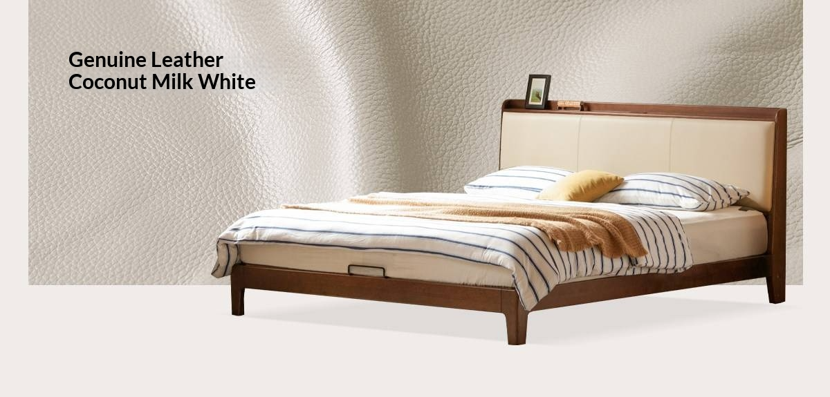 Golden Rosewood Solid Wood Modern Bed with Leather Upholstered Headboard and Built-In Power Outlets