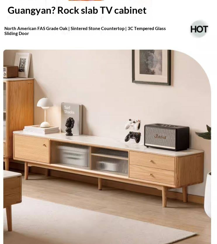 Oak, Poplar, Beech Solid Wood Sliding Door TV Stand With Rock Slab Surface.