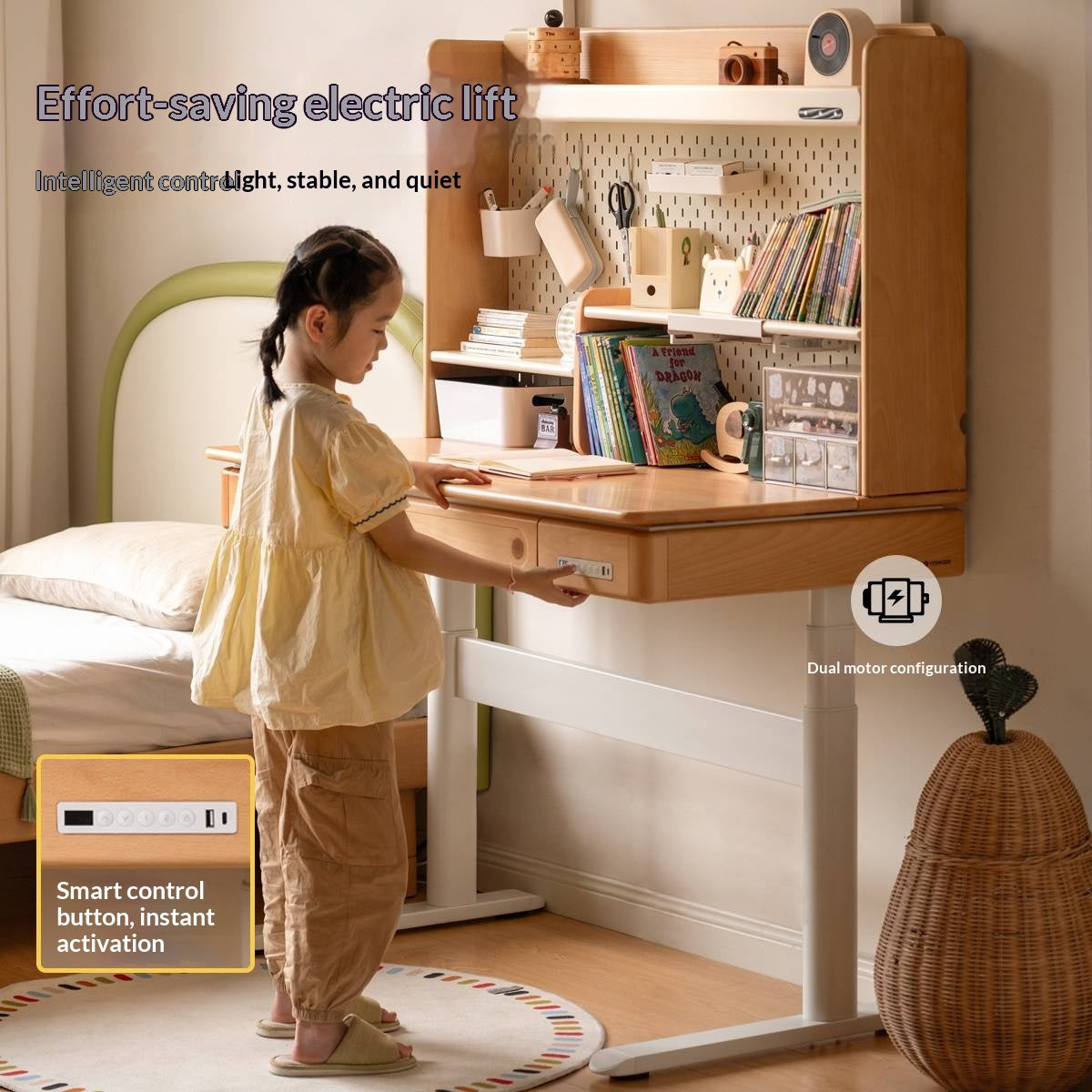 Beech Solid Wood Children's Study Desk with Electric Lift