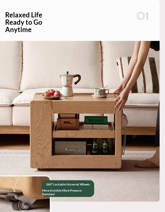 Oak Solid Wood Side Table with Mobile Trolley and Storage Functionality