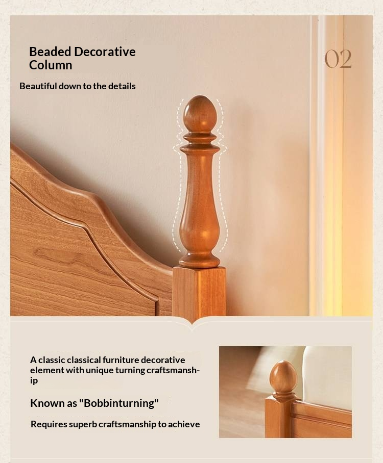 Birch Solid Wood Bed — French Retro Style, Large Slab Design, Mid-Range Style