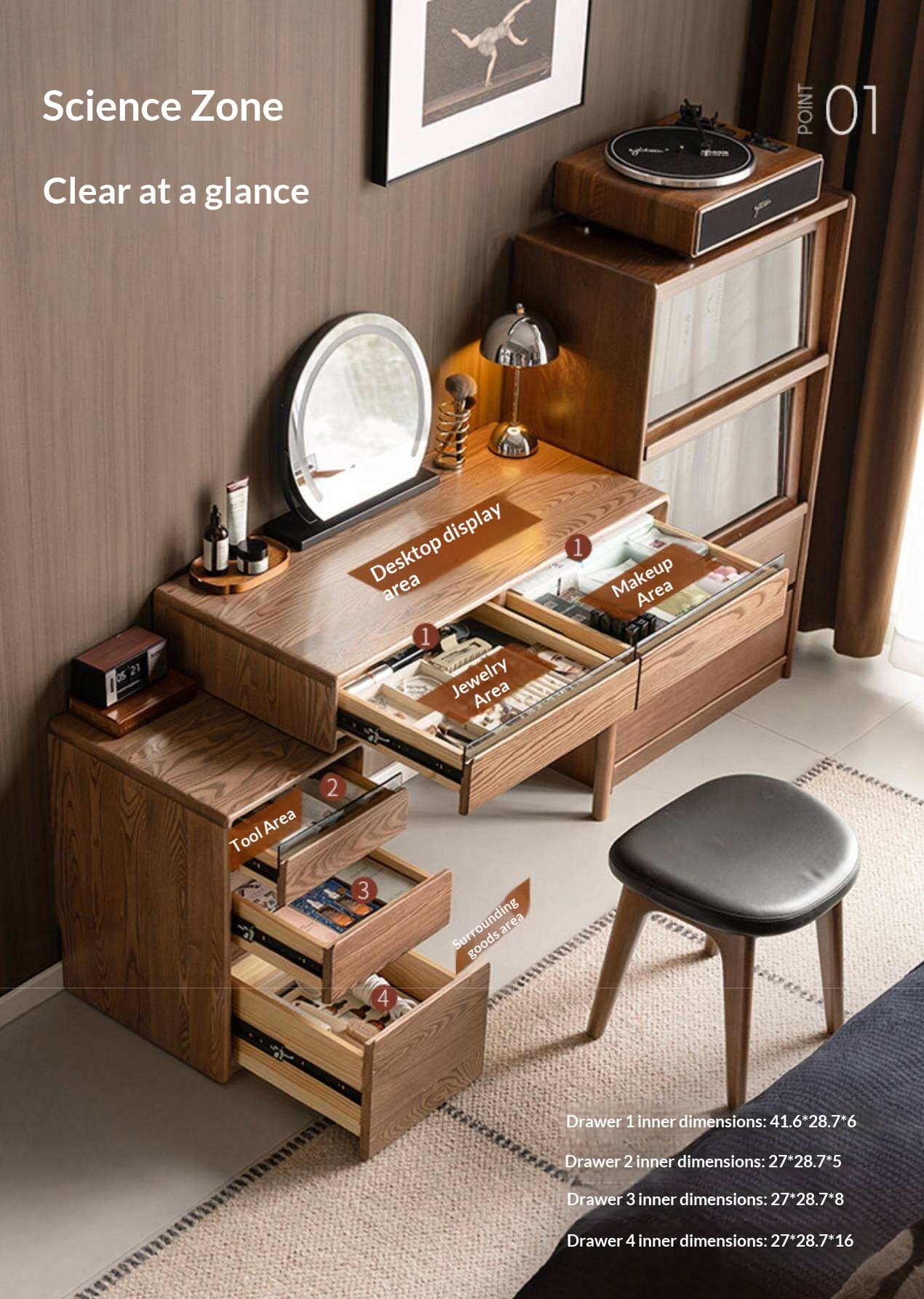 Ash Solid Wood Modern Vanity Table with Extendable Feature