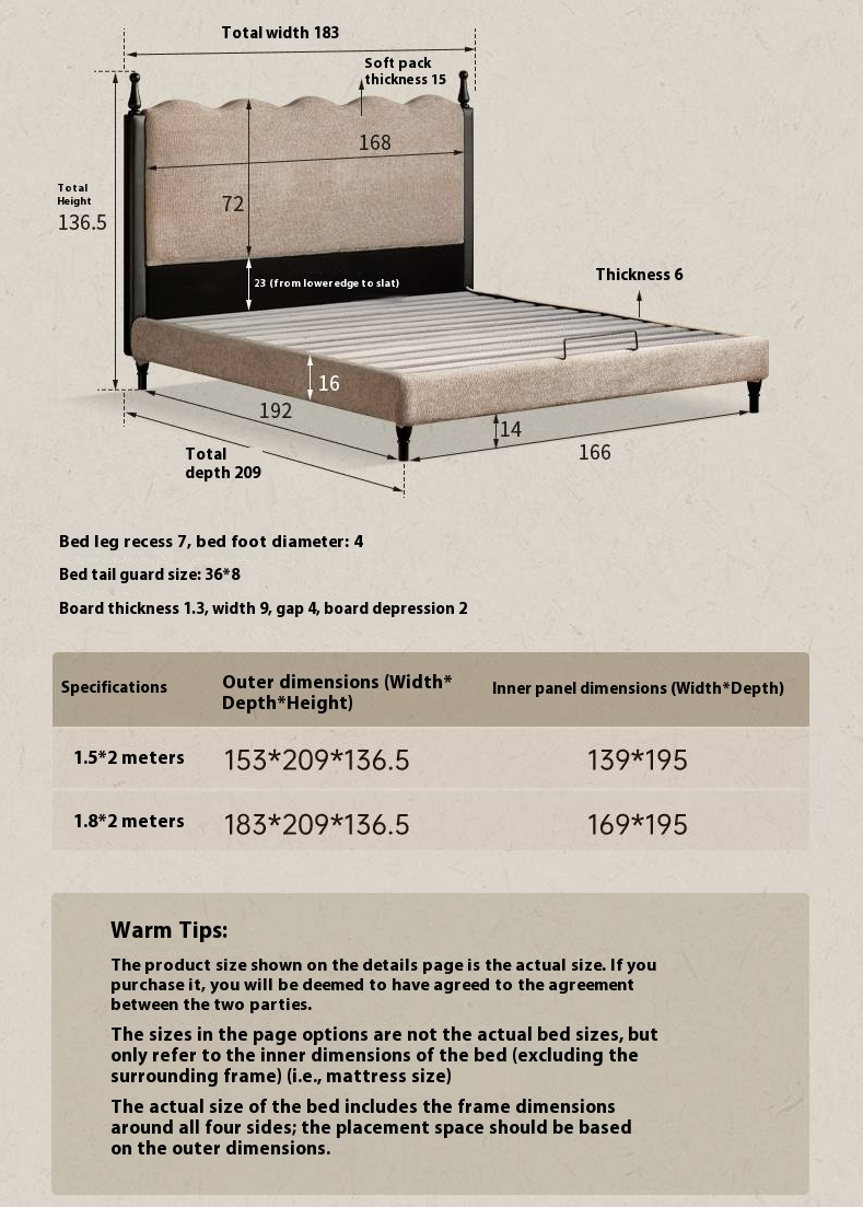 Fabric French Retro Soft Back Bed