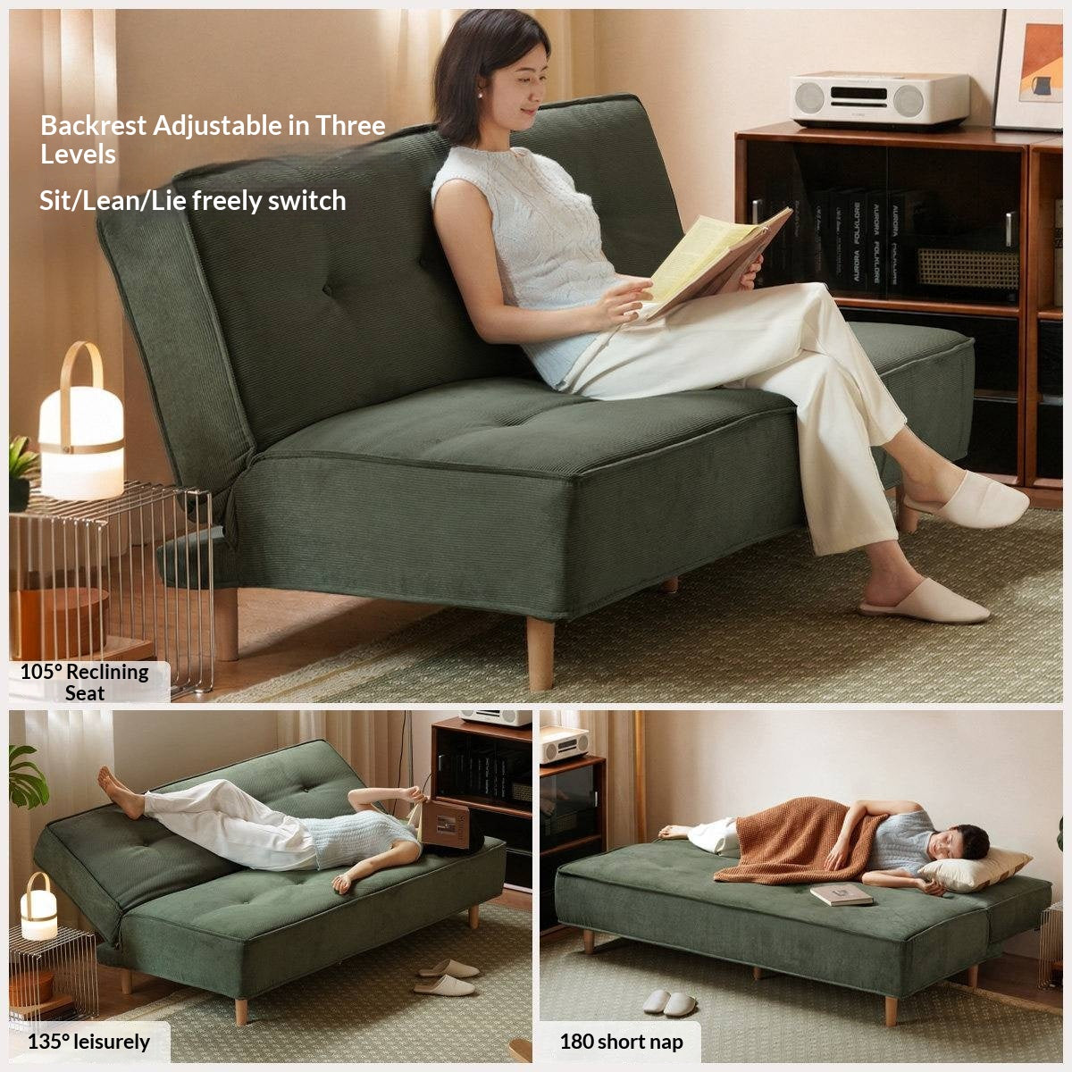 Armless Corduroy Futon Sofa Bed with Adjustable Backrest