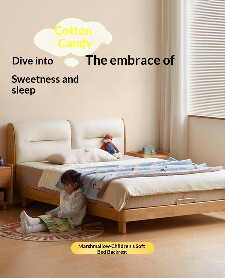Beech Solid Wood Adjustable Height Kids Bed with Upholstered Segmented Headboard