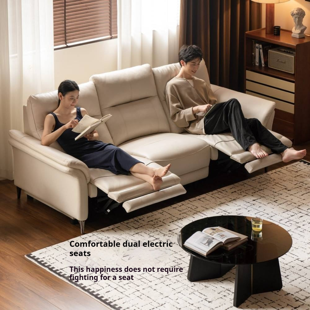 Pine Solid Wood Leather Sofa Cream Style Functional Electric