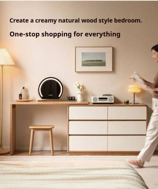 Oak Solid Wood Vanity Table & Storage Cabinet Set Cream Style