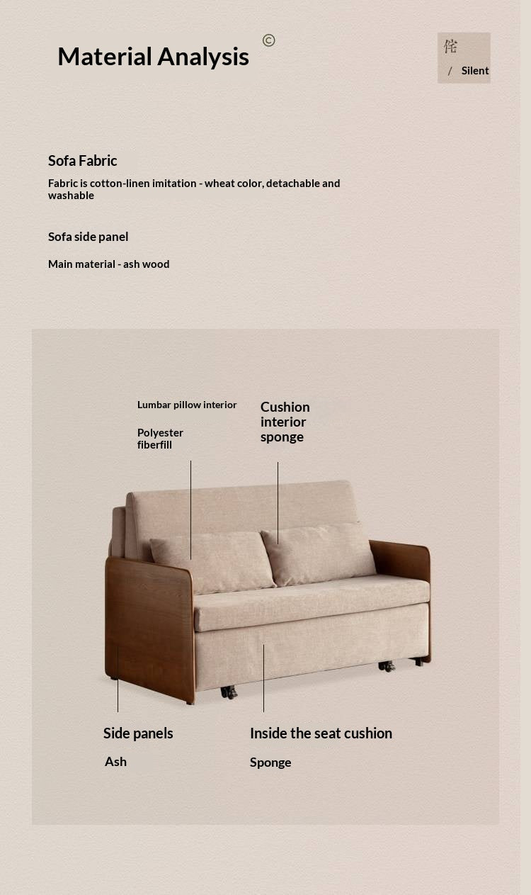 Ash Solid Wood Convertible Sofa Bed with Wood Frame and Adjustable Backrest on Wheels