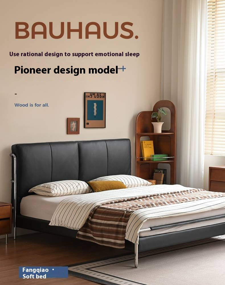 Genuine Leather Italian Style Light Luxury Black Bed