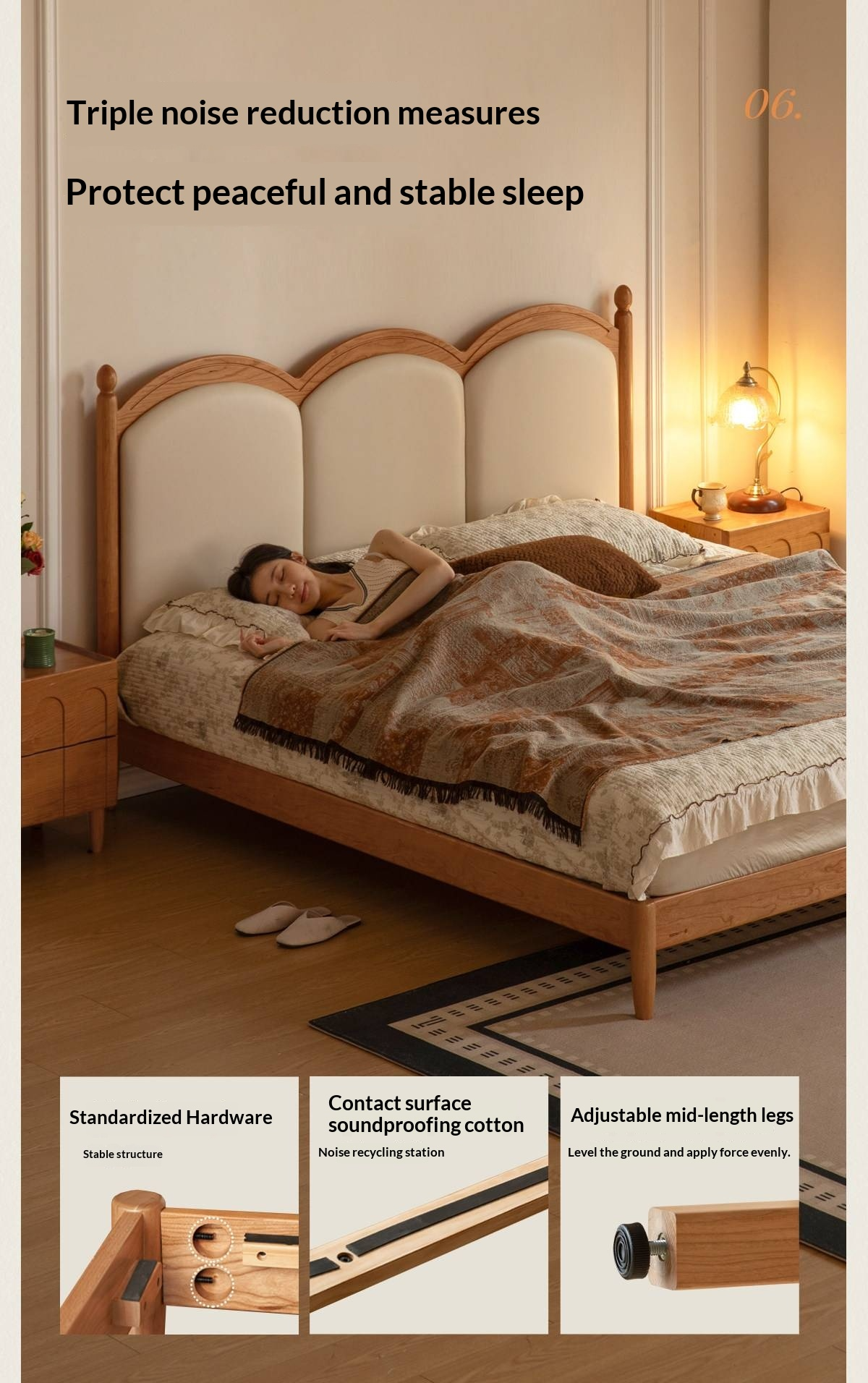 Cherry Wood Solid Wood French Country Bed with Scalloped Arch Panel Headboard