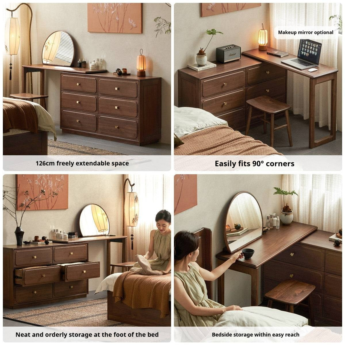 Black Walnut Solid Wood Dresser and Vanity Combo with Pull-Out Mirror Desk
