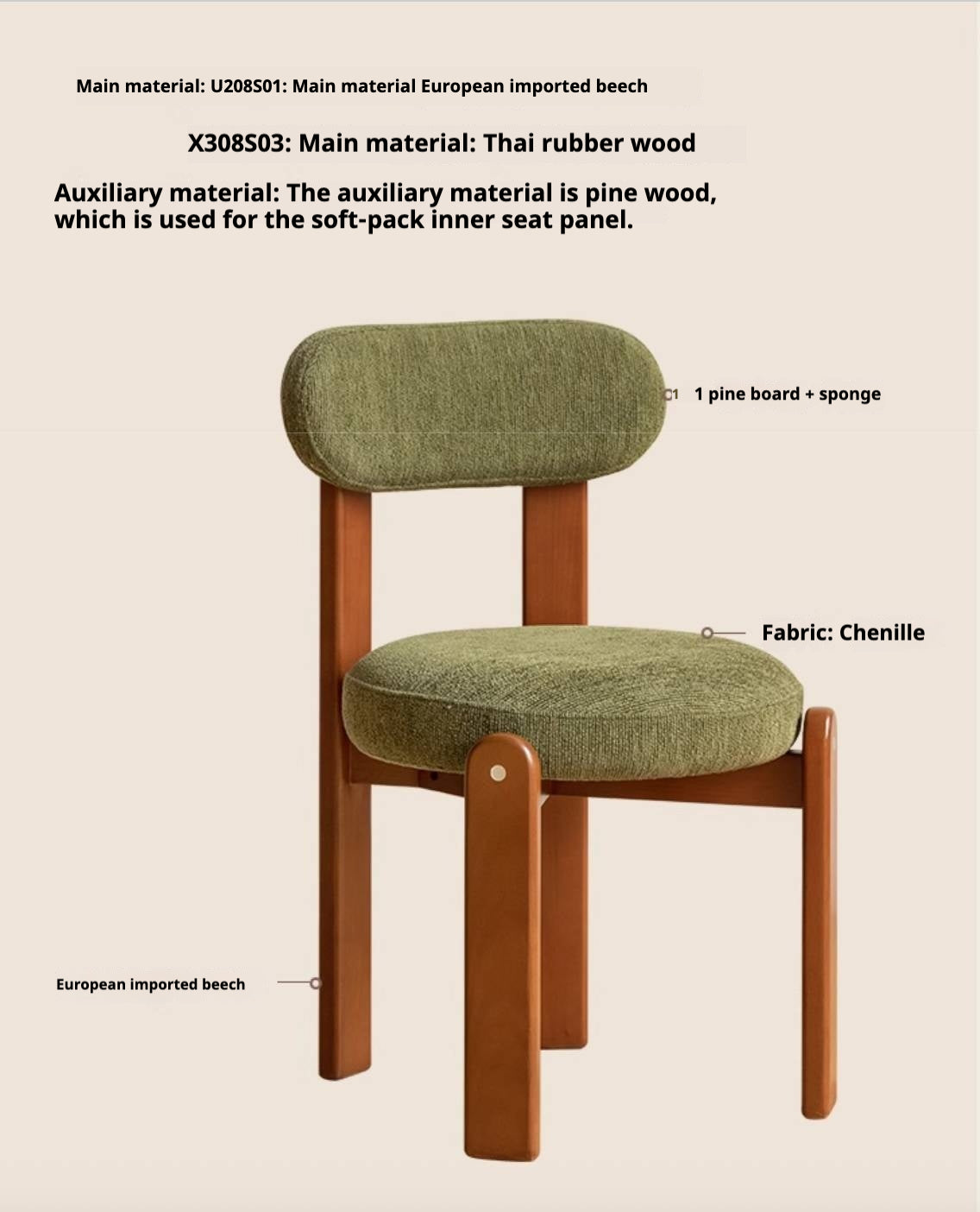 Beech, Solid Rubberwood Retro Style Dining Chair
