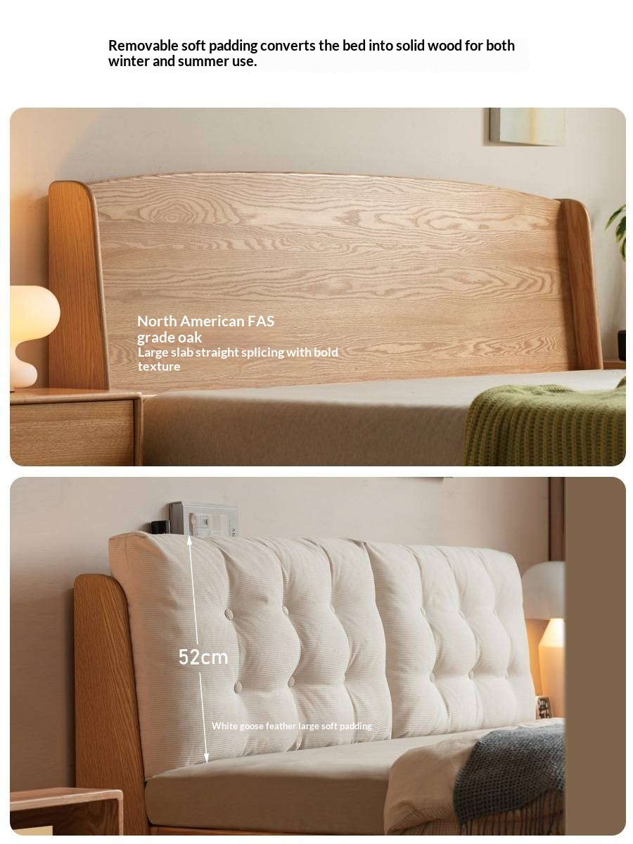 Oak Solid Wood with Upholstered Headboard Luminous Box Bed Cream Style