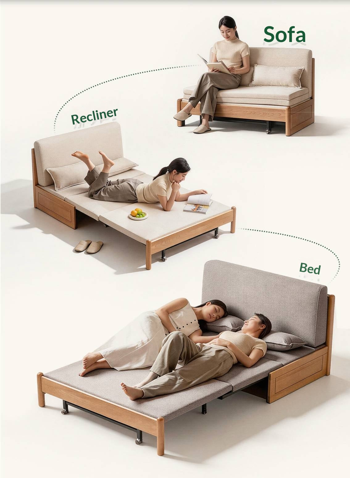 Beech Solid Wood Minimalist Pull-Out Sofa Bed