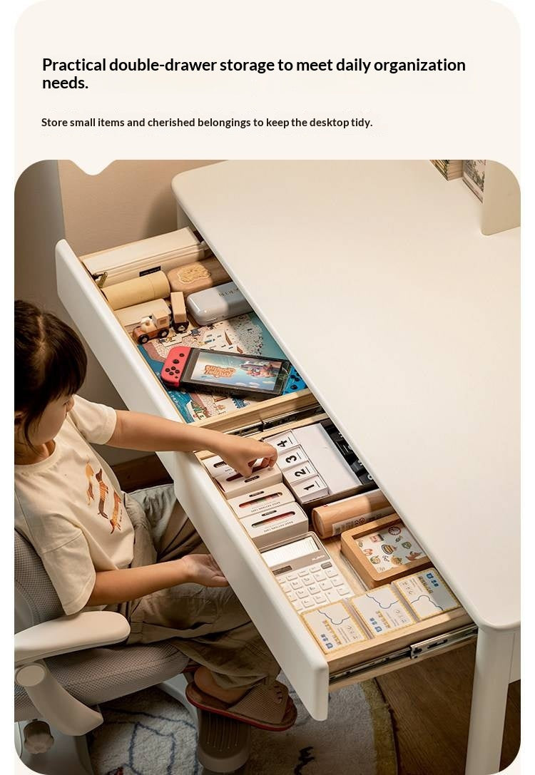 Solid RubberWood Cream Style Bookshelf Integrated Kids Table