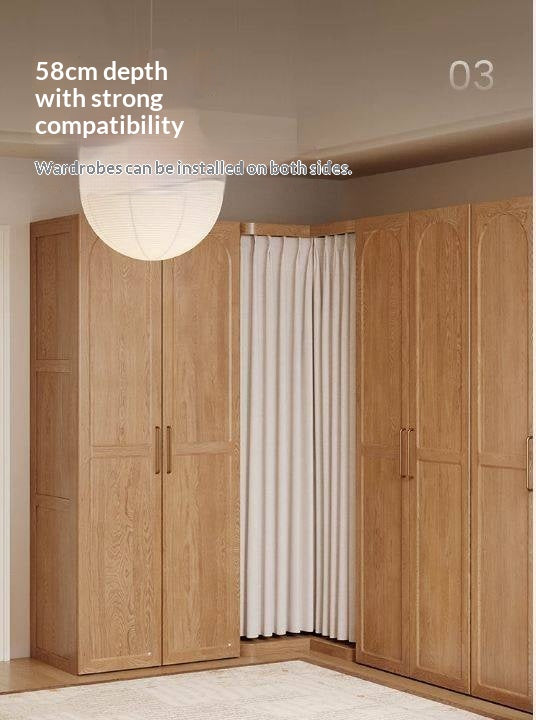Oak Solid Wood Corner Wardrobe with Removable and Washable Fabric Curtain
